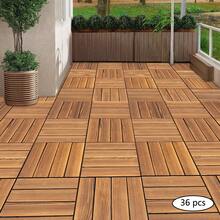 Wood Flooring Interlocking Deck Tiles For Patio Decor 12"X12" 36 Pack Garden Floor Boards Set, Indoor & Outdoor Decor - Balcony Garden Floor Tiles - 棕色 - 查看 1