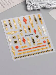 复古浮雕手表图案美甲贴纸，5D金色玫瑰金手表时钟扑克牌蝴蝶结数字图案压花自粘美甲装饰滑块美甲沙龙DIY用品 - 彩色 - 查看 11