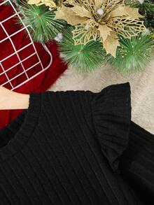 Tween Girls Christmas Vintage Red & Black Plaid Cap Sleeve Patchwork Bow Flutter Sleeve Ribbed Long Sleeve Round Neck Dress, Holiday Vibe Girls Plaid Princess Dress - Red and Black - View 4