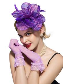 Women's Charming Feather Flower Derby Hat, Tea Party, Cocktail, Wedding Headpiece, Headband, Bohemian Natural Feather, Tiny Hats, Mini Fascinator, Mini Cap, Hair Accessories, Gifts, Gala Night - Purple - View 3