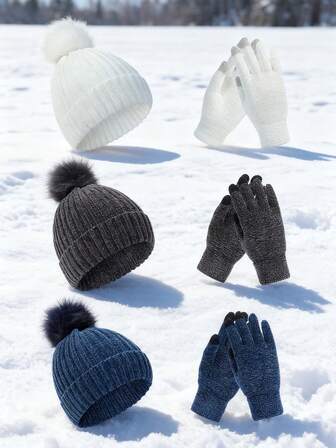 2個セット レディース ウィンター ビーニー 帽子 手袋 セット ポンポン装飾 暖かい ニット帽 タッチスクリーン手袋 レディース 冬の贈り物 クリスマス バレンタインデー