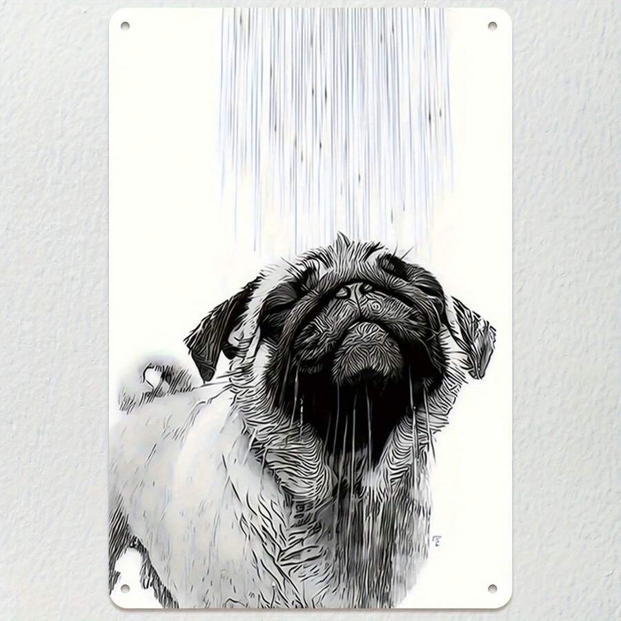 2D Flat, 1pc Adorable Pug In Rain Art Poster - Black And White Aluminum Decorative Sign, 8x12 Inch (20x30cm), Perfect For Living Room, Bedroom, Office, Restaurant & Bar Decor, Modern, Chic & Creative - 彩色 - 查看 1