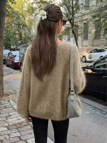 FOR BEAUTY Autumn/Winter New Solid Color Casual Loose Long Sleeve Knit Sweater, Fashionable, Elegant, Minimalist Oversized Cardigan, Soft & Warm, Suitable For Daily Commute, New Year Sweater Jacket - Khaki - View 5
