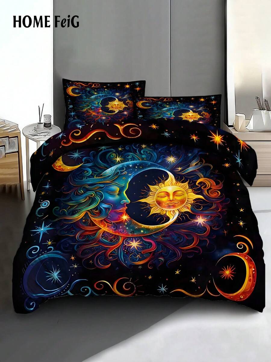 3pcs Celestial Sun Moon Duvet Cover Bedding Set,Mystical Cosmic Bed Comforter Set,With 1 Duvet Cover And 2 Pillowcases, King-Size Bedspread, Bed Sheet, Soft Skin-Friendly Polyester, Machine Washable, Dry Clean. It Is Suitable For Home And Bedroom Decoration,Room Decor, Bedroom Decor,Room Decoration Stuff,Queen Comforter Set,It Is A Good Birthday Gift. - 彩色 - 查看 1
