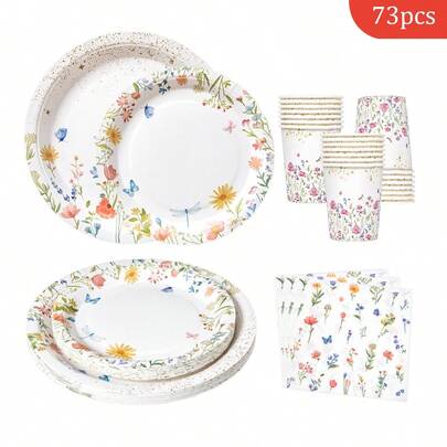 16件套白色花卉图案一次性餐盘、餐巾纸和杯子套装，派对用品，适用于生日、婚礼、聚会、家庭野餐