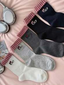 5双复古格子翻边中筒袜，学院风，春秋季