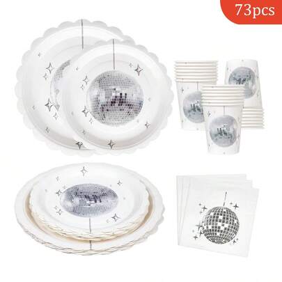Silver Disco Ball Petal Shaped Disposable Plates, Napkins And Cups, Party Supplies For 16 Guests, Disposable Paper Plates For Birthday, Wedding, Party, Family Picnic