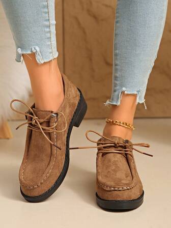 Women's Solid Color Preppy School Fabric Lace-Up Casual Shoes, Suitable For Outdoor Wear All Seasons