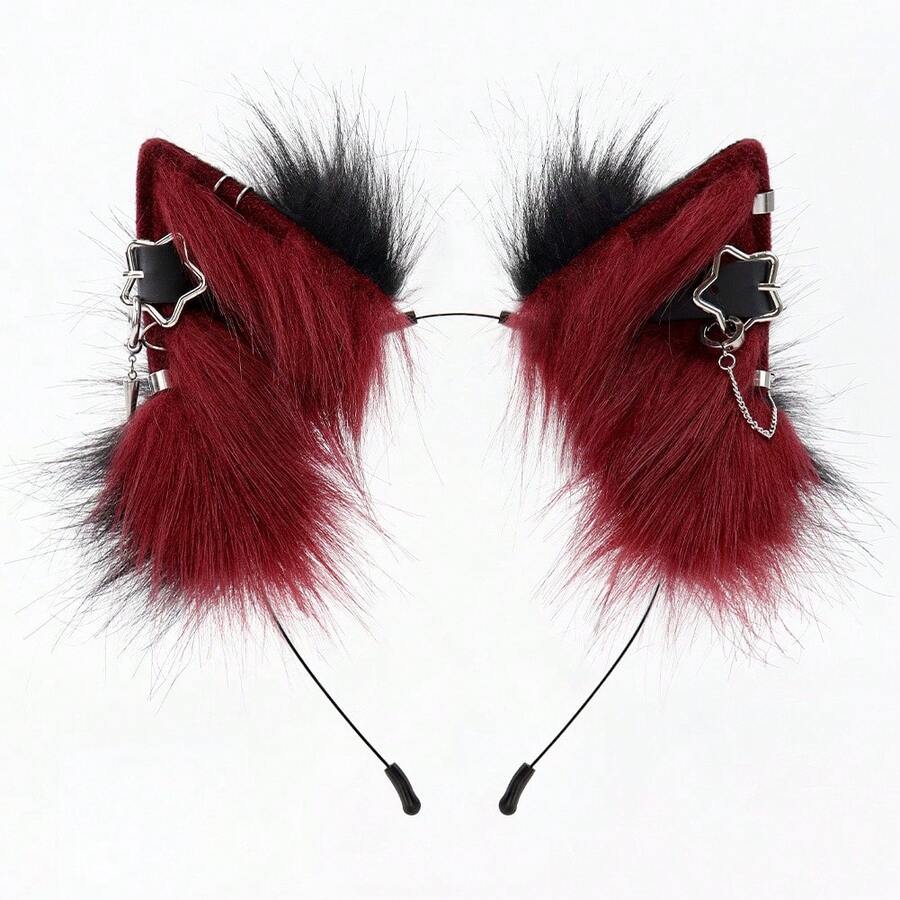 Handmade Realistic Animal Ear Headband Plush Cat Ear Metal Punk Chain Cosplay Comic Exhibition Prop Headwear Ears European And American Style - 深灰 - 查看 1