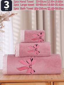 3/2/1件装珊瑚绒吸水刺绣蝴蝶结柔软超细纤维浴巾/手巾，时尚爆款，适用于浴室、酒店、健身房、旅行、送礼、沙龙、运动、户外、海滩、学校、返校季、旅行配件、家居必备 - 珊瑚粉 - 查看 6