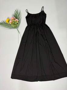 纯色性感U领褶饰腰部喇叭下摆无袖连衣裙 - 黑色 - 查看 9