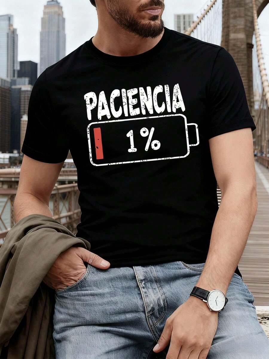 "Patience Battery" Funny Slogan T-Shirt Made Of Premium Cotton, Unique Graphic Print, Casual, Breathable - 黑色 - 查看 1