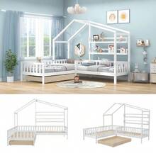 Children's Cabin Bed With Drawers And Shelves, Solid Wood With Guardrail And Slatted Base, L-Shaped Structure, Natural (90x200 Cm+140x70cm) - White - View 11