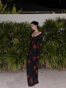 Đầm ôm sát in hoa thanh lịch dành cho nữ, cổ khoét sâu gợi cảm, tay dài, chất liệu lưới co giãn, thích hợp cho ngày Valentine. - màu đen - Xem 7