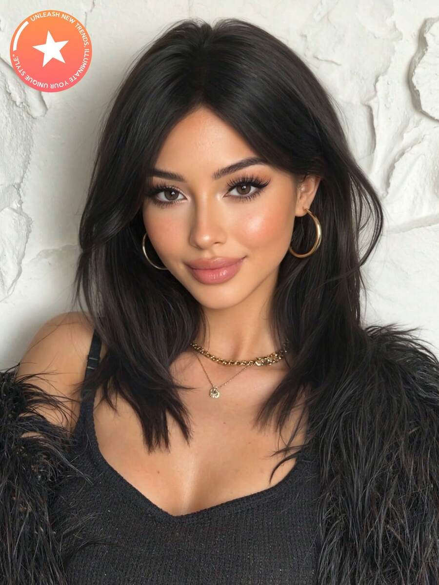 5-Star Recommended 14-Inch Elegant Mid-Length Straight Black Wig With Bangs - Rose Net Cap, Heat-Resistant Synthetic Fiber, Women's Wig Suitable For Daily, Party, Cosplay, Halloween And Other Occasions - màu đen - Xem 1