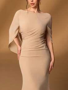 Faeriesty Mosy Elegant Boat Neck Bridal Mother Gown With Sweep Train Sleeves & Mermaid Tail Hem Featuring Draped Detailing - Formal Mother Of The Bride Dress Perfect For Weddings, Gala Dinners, Award Ceremonies, Charity Balls, And Black-Tie Events