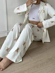 Nina Bonheur 2pcs Women Bear Print Button Front Long Sleeve Pajama Set - Shirt + Drawstring Pants, Cute Sleepwear Suit - Apricot - View 4
