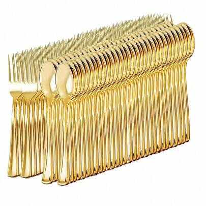 5/10/25/50/100pcs Gold Cake Utensils, Salad Spoons & Forks Set, Suitable For Salad, Cake, Dessert, Various Festivals, Parties, Outdoor Events, Restaurants, Home Events, Weddings, Kitchen Supplies, Cutlery Set