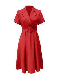 Elegant Minimalist Chic Short Sleeve A-Line Dress With Collared Neck And Matching Waist Belt, Suitable For Commuting, Weddings, Events, Formal Occasions, Vacations, And Graduations - Red - View 3