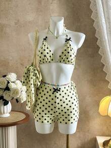 沙滩泳池派对时尚性感波点印花蝴蝶结配饰网纱围巾平角裤四件套比基尼分体泳衣女 - 黃色 - 查看 3