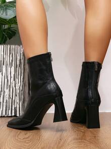 Giày bốt cao gót mũi vuông, cao đến bắp chân, kiểu Pháp cổ ngắn thanh mảnh, giày bốt thời trang đa năng, gót dày tối giản - màu đen - Xem 5