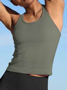 1pc Solid Color Wide Strap Casual Comfortable Breathable Sports Bra With Padding - Army Green - View 6