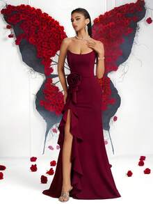 Women's Elegant Solid Color Tube Top High Waist Lotus Leaf Three-Dimensional Flower High Slit Backless Lace-Up Floor-Length Prom Party Dress For Prom Gown Wedding Guest Dancy Party Homecoming Date Night Formal Dinner Birthday Party Festival Party Family Party