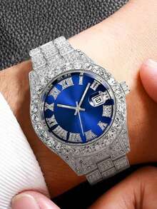 1 pieza Reloj de cuarzo de moda con calendario, totalmente cubierto de diamantes de imitación, con correa de acero para hombre, para fiesta - Azul - Ver 3