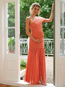 纯色荷叶边不对称/不对称正式晚礼服孕妇装，孕妇写真春季穿搭 - 亮橙色 - 查看 1