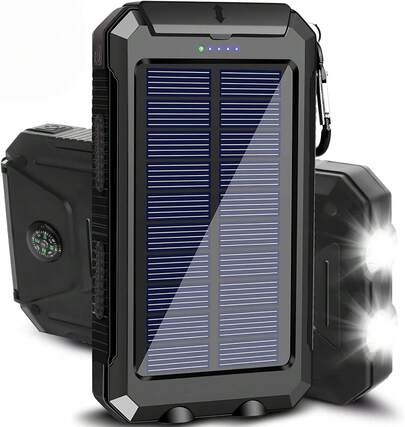Batería solar portátil de 20000 mAh con linterna LED y brújula. Incluye interfaz USB/Tipo C/Micro USB, compatible con iPhone, Android y otros dispositivos digitales. Ideal para emergencias al aire libre, acampadas y senderismo.