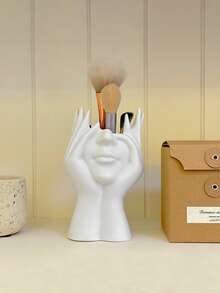 1pc Face Shaped Makeup Brush Holder, Desktop Decor For Office - White - View 3