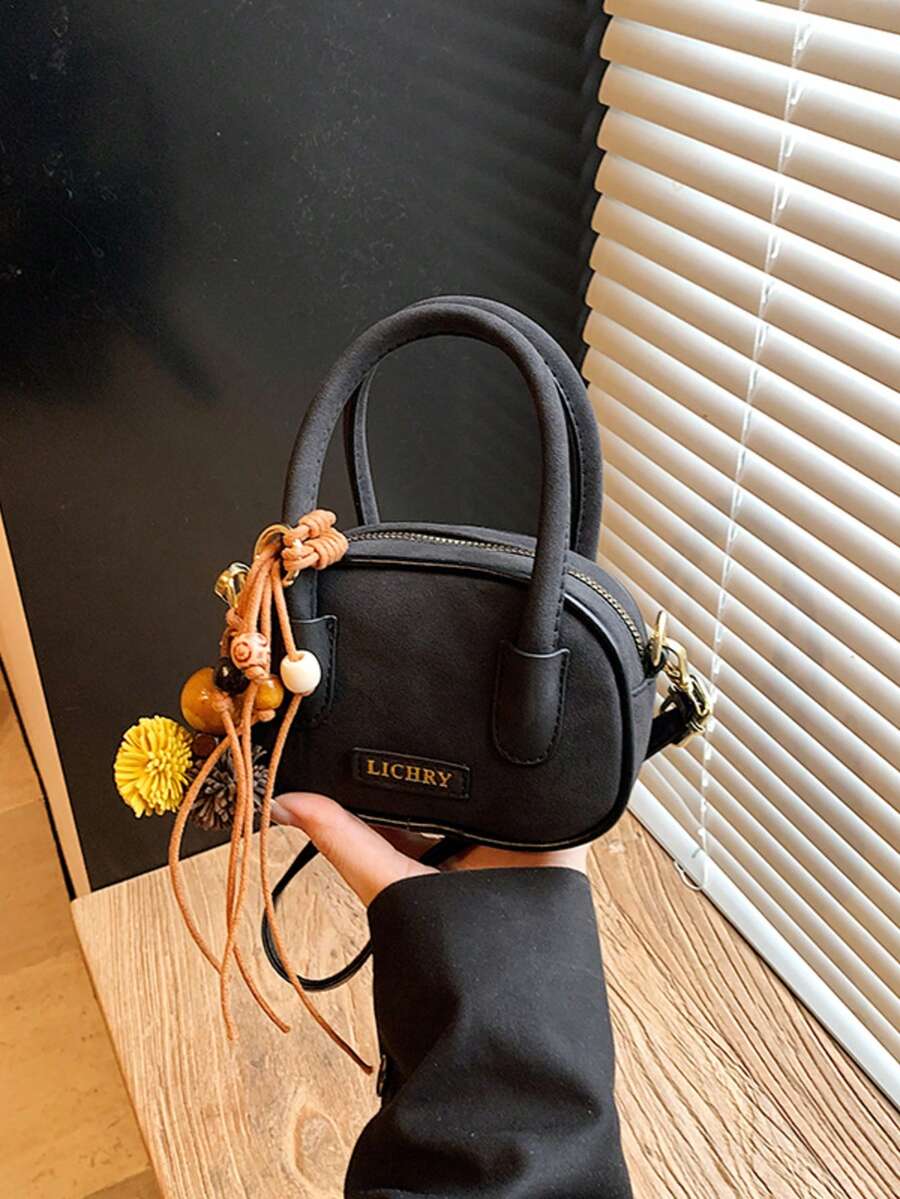 Pink Suede Mini Handbag With Cute Pendant, Crossbody Bag, Eye-Catching Small Item For