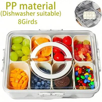 8-Compartment Portable Snack Box With Lid, Transparent Storage Container For Fruit, Candy, Nuts, Vegan - Ideal For Road Trips, Parties