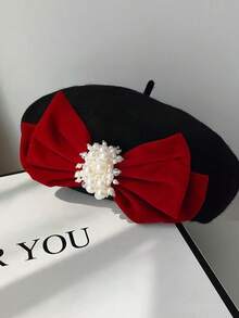 Fashionable Elegant Party Bow Beaded Decorated Beret Hat - Red - View 12