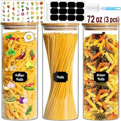 Glass Jars With Bamboo Lids 72oz 3Pcs Kitchen Glass Containers With Bamboo Lids Airtight Glass Pantry Stora Containers With Lids For Spaghetti Pasta Rice Nuts Flour Bean Dry Foods