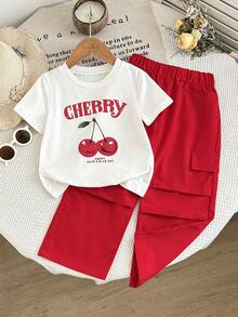 2件套 女童情人节可爱樱桃字母印花短袖圆领上衣+假口袋休闲工装裤套装，夏季