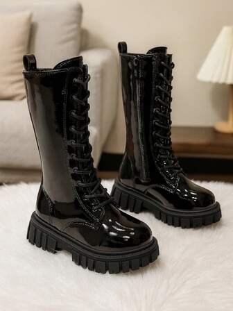 1 Pair Classic Black Patent Leather High-Top Western Cowboy Boots For Big Kids, Korean Style Outdoor Wear, PU Material, Lace-Up & Side Zipper Design For Easy On/Off, Comfortable Lining, EVA Thick Soft Sole, Suitable For 3-15 Years Old Boys & Girls Daily, Casual, Party, Holiday Wear, Spring/Autumn/Winter