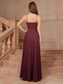 MOEVIO Elegant Women's V Neck Spaghetti Straps Ruffle Trim Chiffon Wrap Side Draped Backless Split Thigh Mermaid Elegant Long Formal Wedding Guest Bridesmaid Party Graduation Homecoming Fall Birthday Women Outfits Halloween Christmas New Year Spring Festival Gown