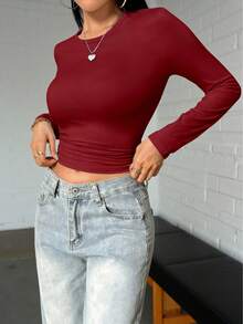 女士高弹纯色修身圆领长袖T恤，简约风格，适合春、秋、冬季穿着，可用于夜间外出/度假/日常/办公/居家/街头/旅行/机场/早午餐等场合，休闲/简约/Y2K/优雅/性感/街头/可爱/时尚，秋冬女装，万圣节女装，圣诞节女装，教师节上衣，外套，约会，基础款上衣，韩版风格 - 酒紅色 - 查看 5