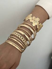 Set de 11 brățări metalice pentru femei, cu design floral și geometric exagerat vintage, potrivite pentru zi cu zi, petrecere, întâlnire, nuntă, festival, cadou - Aur 40 - Vizualizare 6
