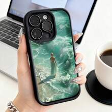Cubierta de teléfono con borde negro diseño de mujer en la playa con olas verdes para uso diario y viajes - Café integral - Ver 1