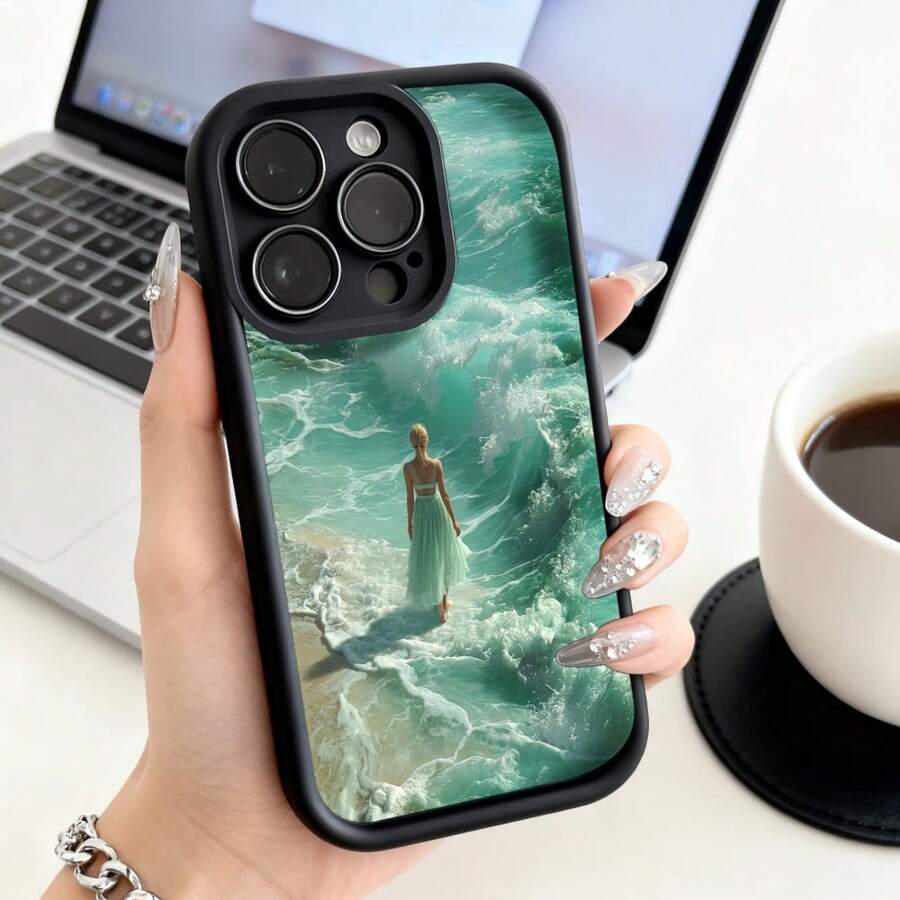 Cubierta de teléfono con borde negro diseño de mujer en la playa con olas verdes para uso diario y viajes - Café integral - Ver 1