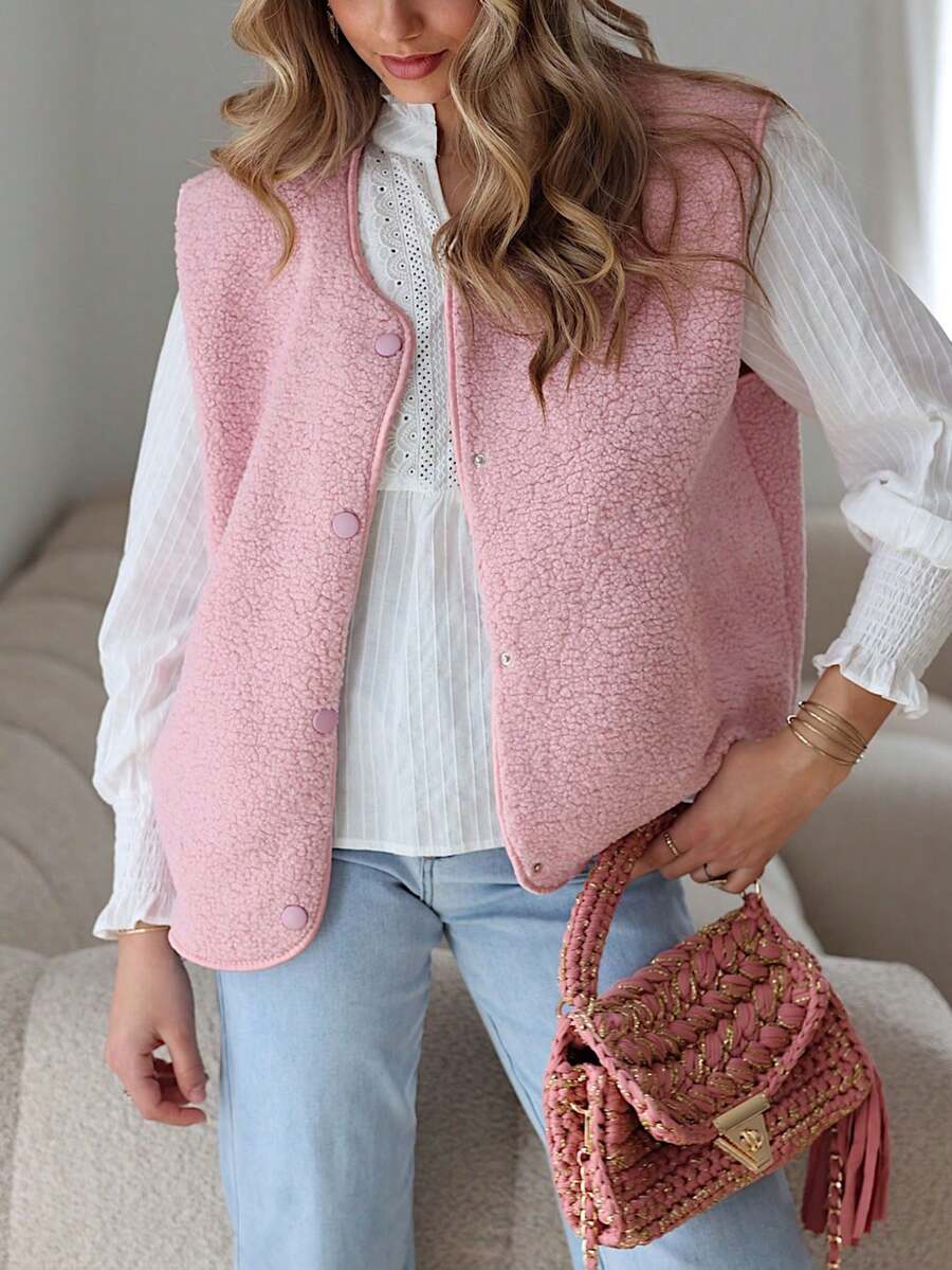 1pc Solid Color Pink Vest Jacket, Everyday Wear, New Autumn/Winter & All Season Design Summer - Pink - View 1