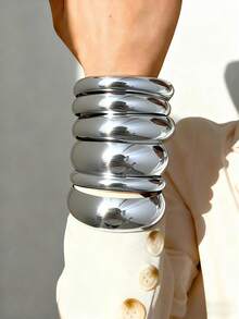 10/6pcs Vintage Exaggerated Luxurious Plain & Smooth Design Women Metal Bangle Set, Suitable For Daily Wear - Silver 5 - View 4
