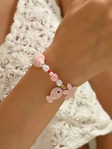 1pc Boho Y2K Dopamine Faux Pearl Glass Beaded Bracelet With Ceramic Seashell, Starfish, Fish Pendants, Suitable For Birthday, Holiday Gifts For Women - Ideal For Daily, Vacation, Swimming, Party Wear - Pink - View 1