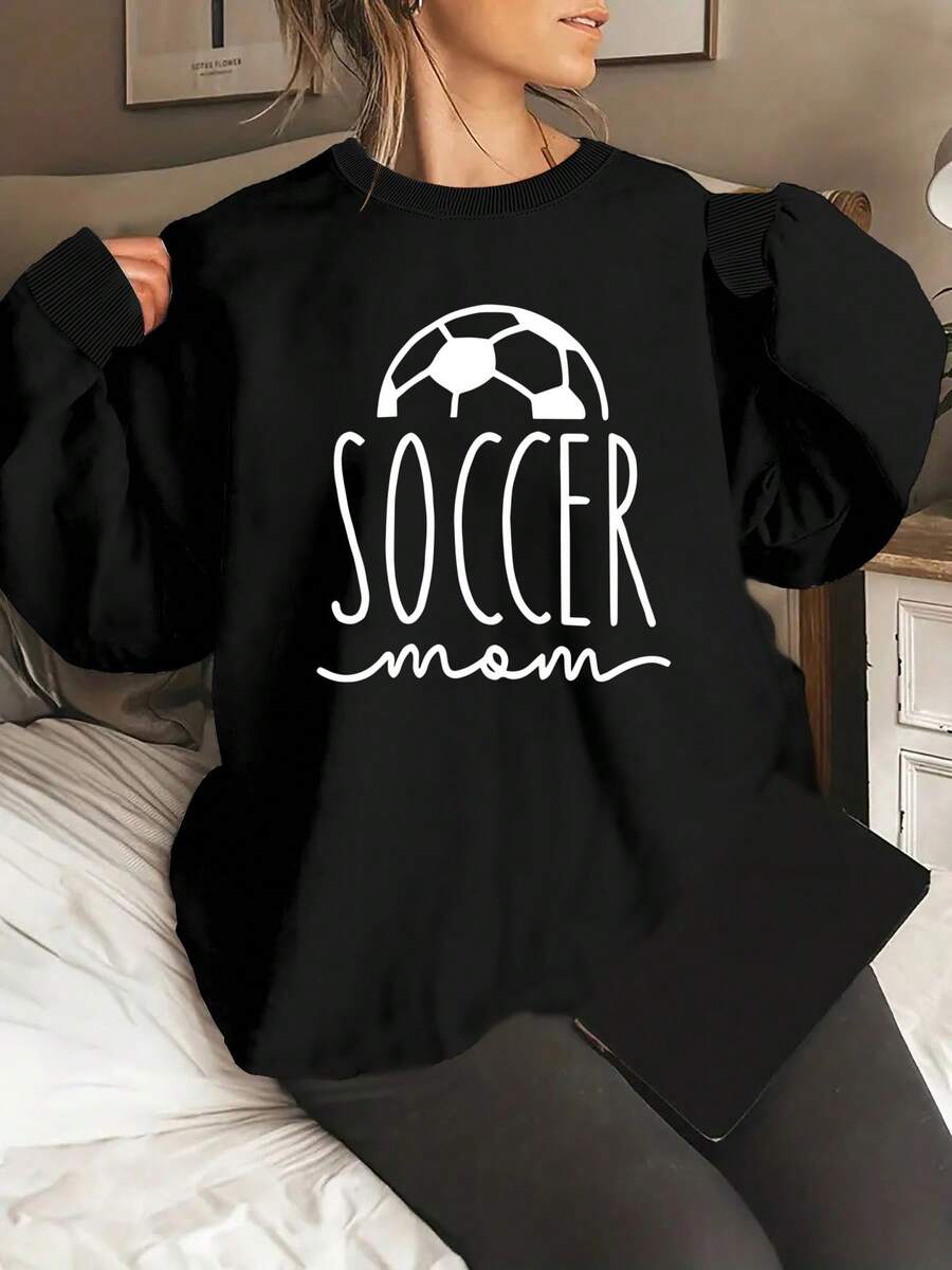 1Pc Women's Soccer Mom Graphic Sweatshirt - Black Crewneck Pullover With Soccer Ball Design, Casual S Mom Apparel Gift For Soccer Games & Practice - Machine Washable Casual Attire, Game Day Outfit, Y Design, Easy Care Clothing, Fan Gear Women's Minimalist Regular Fit Long Sleeve Sweatshirt - Casual Daily Outfits Top - 黑色 - 查看 1