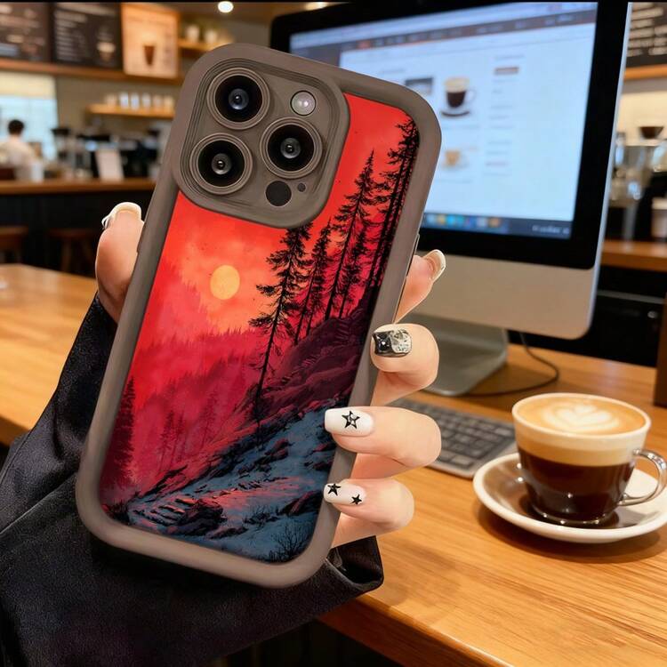 Cubierta de teléfono con borde negro y diseño de puesta de sol en bosque rojo para iPhone 14 Pro Max ideal para uso diario y estilo moderno - Burdeos - Añade 5