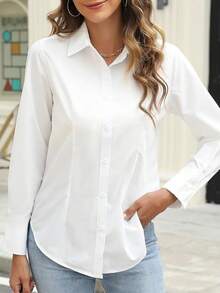 Women's Solid Color Button Front Pocket Shirt, Casual Wear - White - View 1