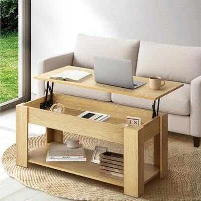 Coffee Table With Lift Up Top And Storage Space Wooden Side Table Beige