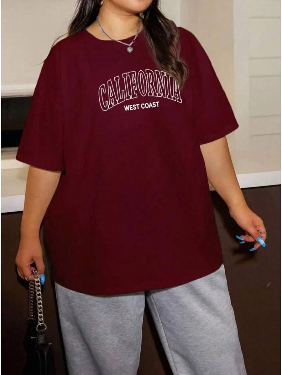 Plus Size California T-Shirt, Sizes Large (S To 5XL), Casual Summer Fashion - Cotton - Màu Đỏ Sâu - Xem 1